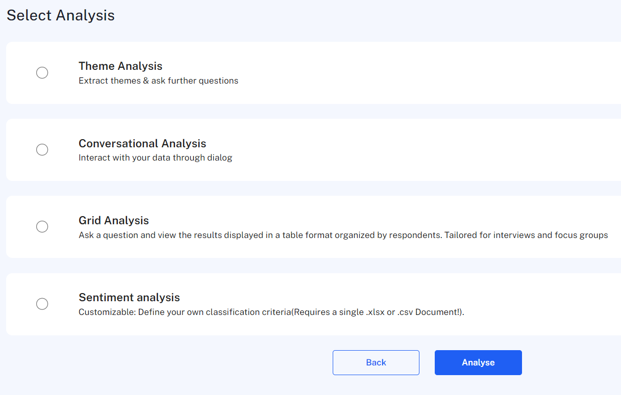 Qinsights screenshot showing the four analysis options: theme analysis, conversational analysis, grid analysis and sentiment analysis