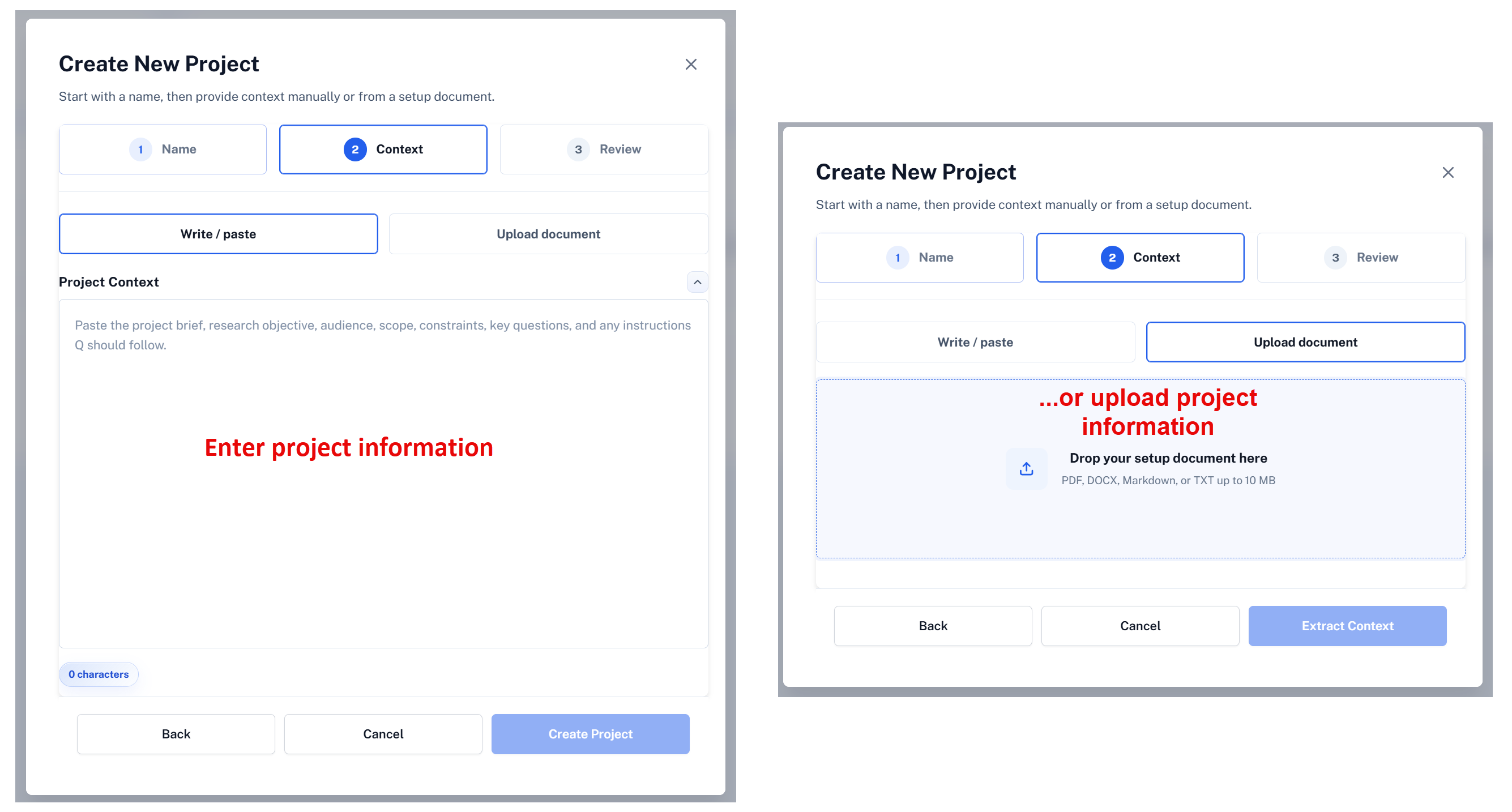 QInsights create project workflow for entering or uploading project information