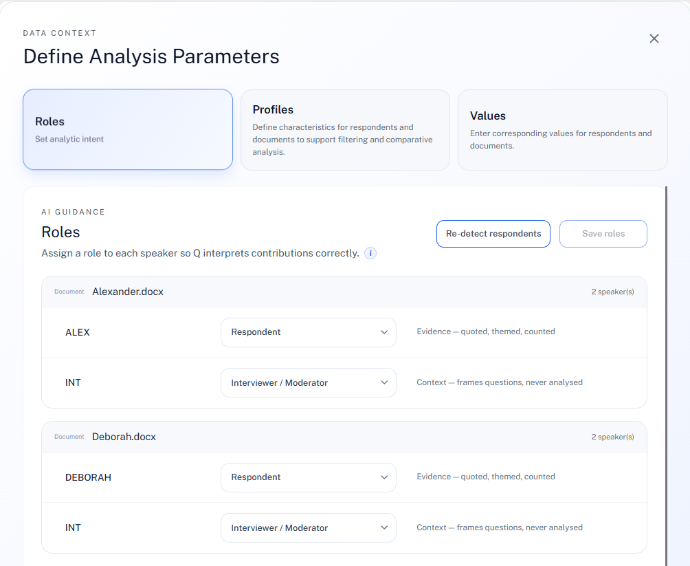 QInsights data context screen for assigning speaker roles, profiles, and values