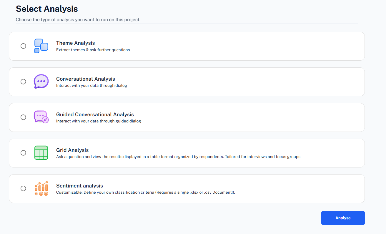 QInsights analysis options including Theme, Conversational, Guided Conversational, Grid, and Sentiment Analysis