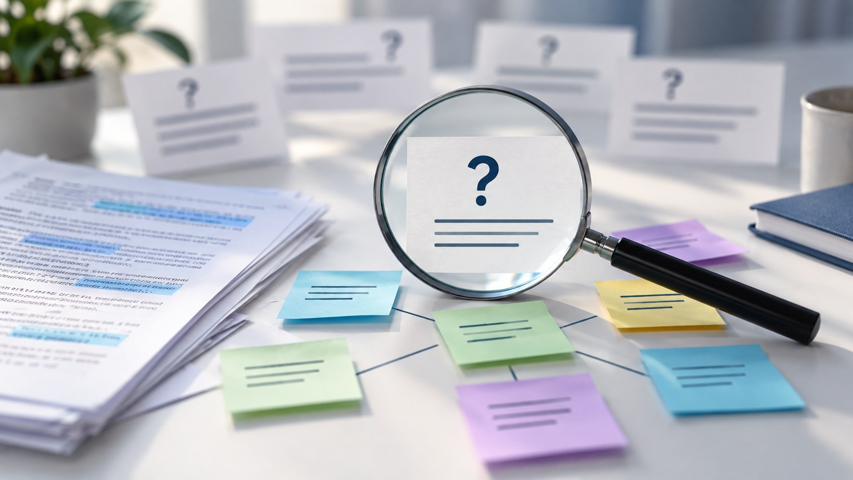 Magnifying glass highlighting a research question surrounded by documents and emerging themes, illustrating how a well-defined research question guides qualitative analysis.