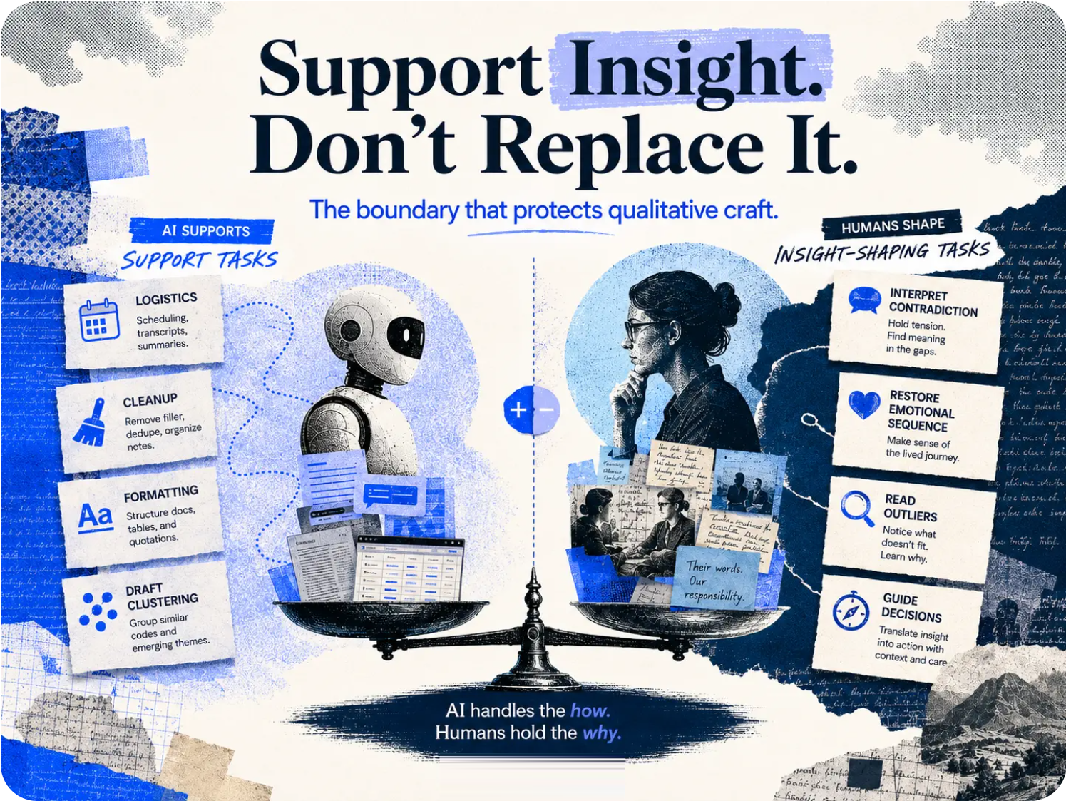 AI support tasks balanced with human responsibility for shaping qualitative insight