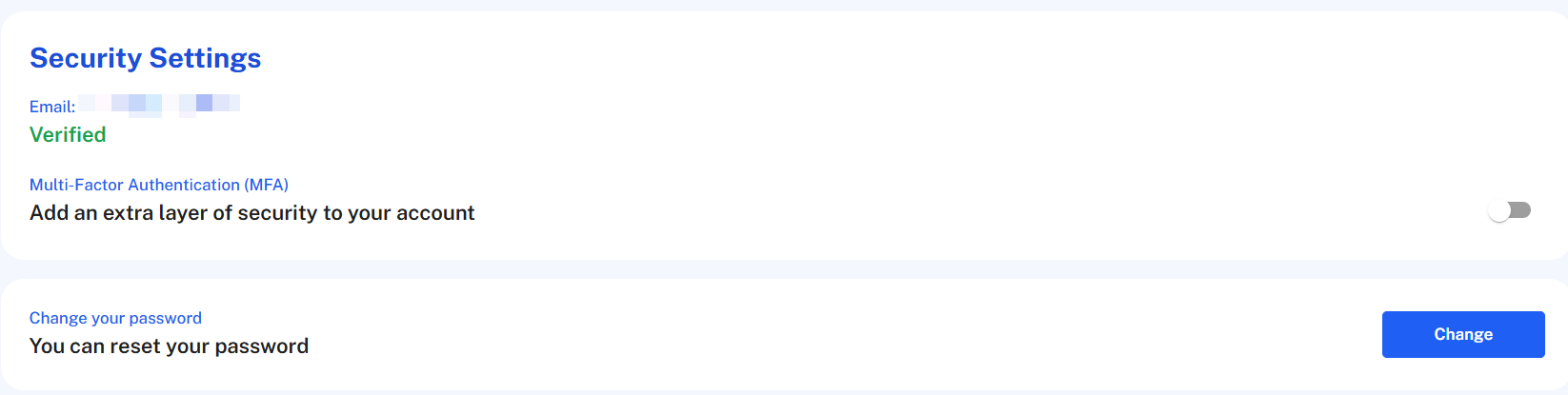 Security settings, including Multi-Factor Authentication (MFA).