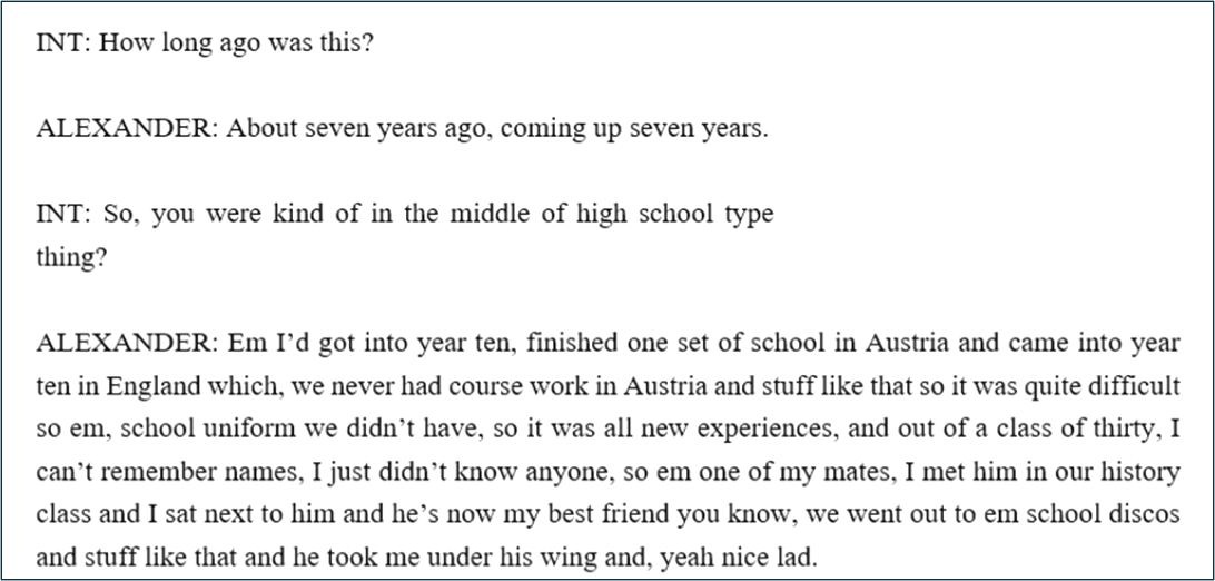 An interview excerpt formatted with clear speaker IDs (INT: / ALEXANDER:).