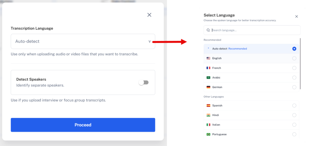 Selecting a transcription language before uploading an audio file.