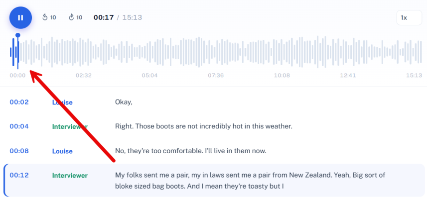 Reviewing the transcript - click a time mark to listen, double-click to edit.