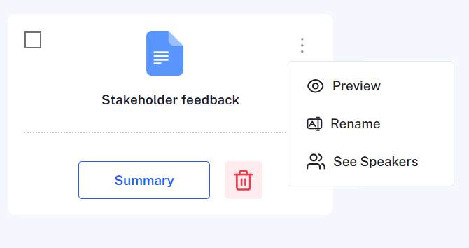 Document cards for Word, PDF, audio, and Excel files in a single project.