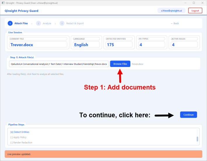 QInsights Anonymizer - opening screen for attaching files.