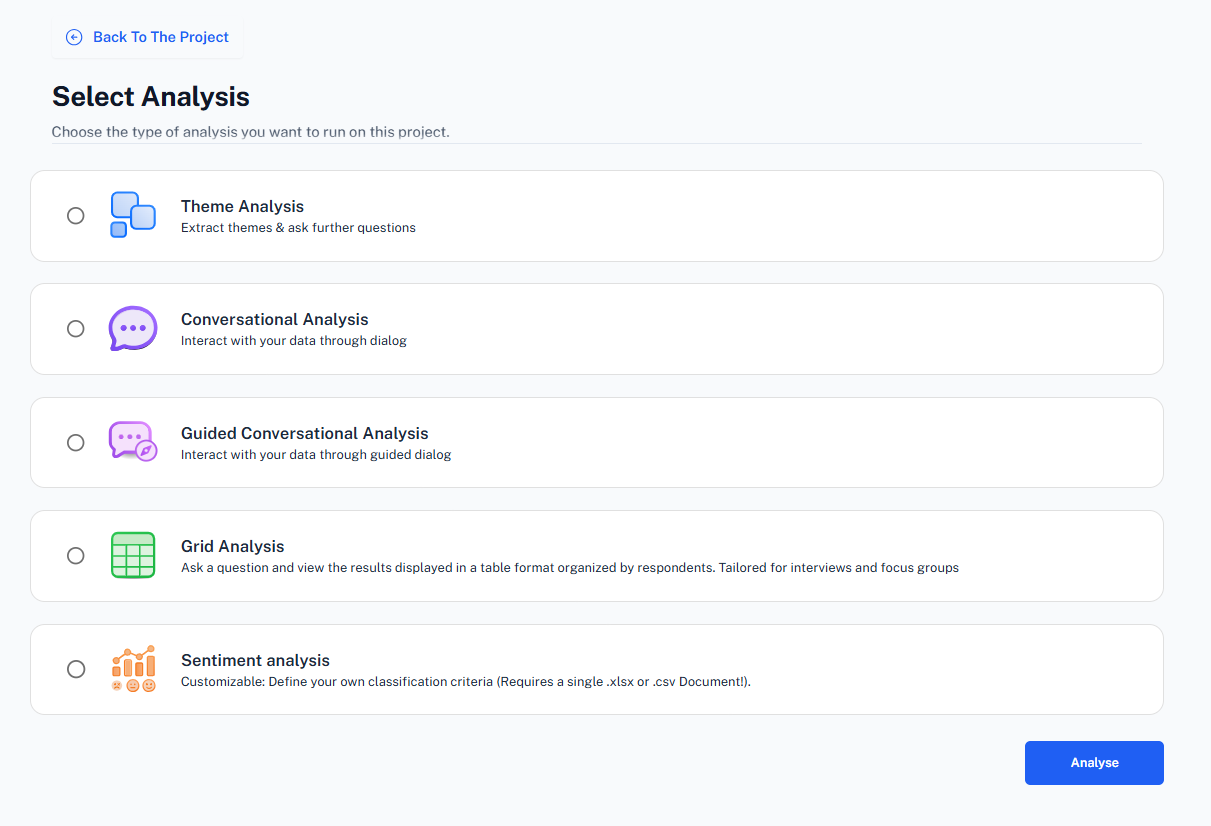The five analysis options available when you click Analyse on a project.