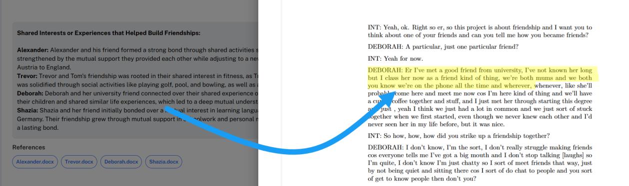 Clicking a referenced document to validate an AI answer against the source transcript.