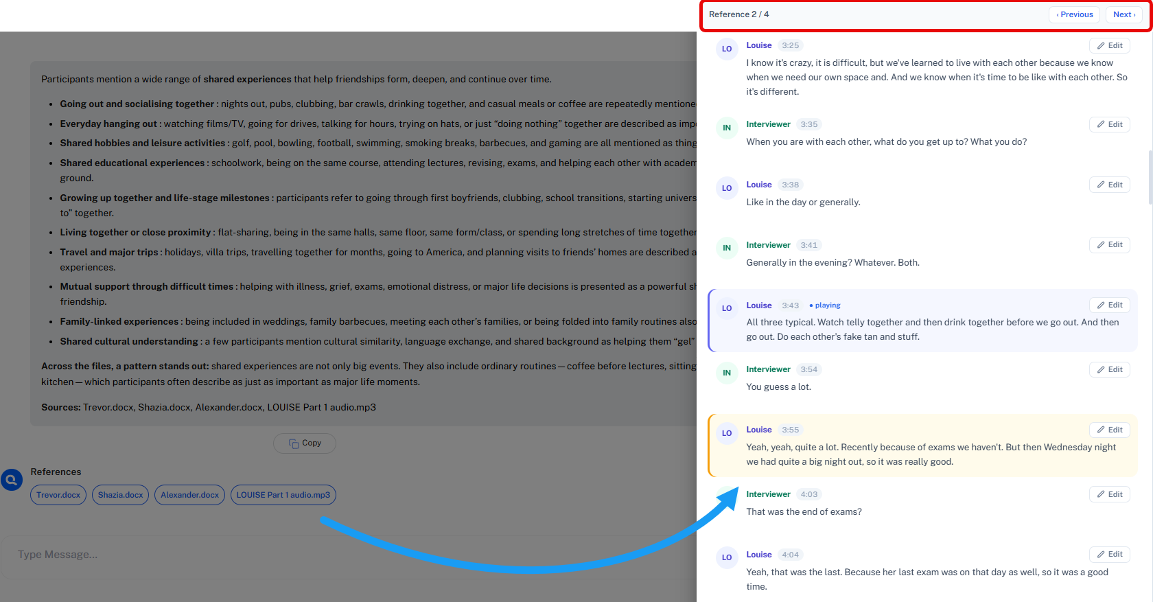 Stepping through audio references that support a chat answer.