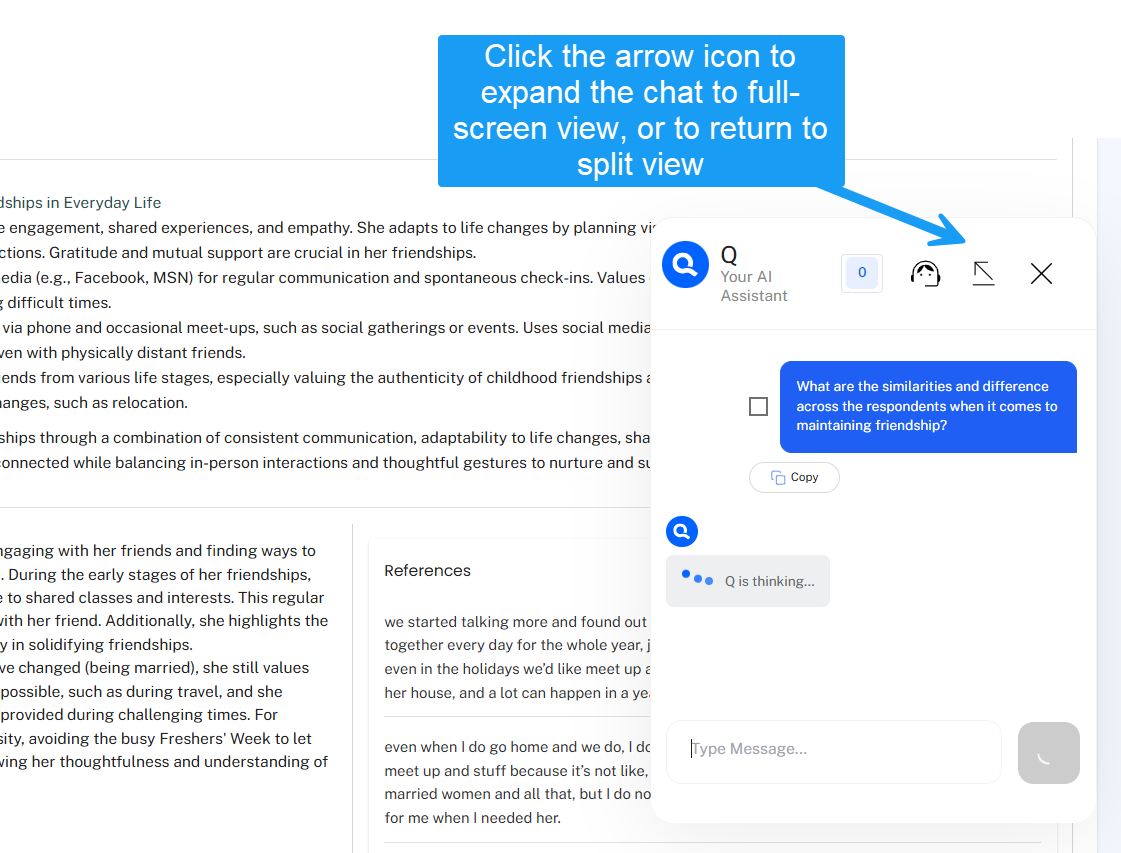 Expanding a Grid Analysis follow-up chat to full-screen view.