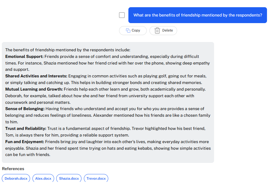 Asking a descriptive question and receiving an answer grounded in the uploaded documents.