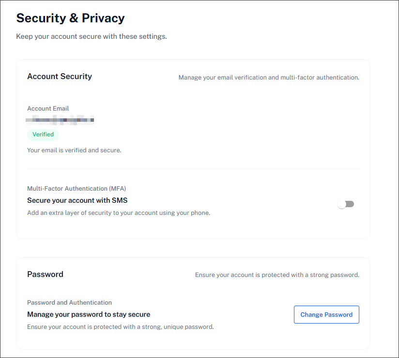 Security settings - account email verification, MFA, and password management.