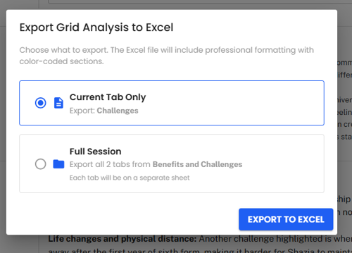 Export Grid Analysis to Excel dialog