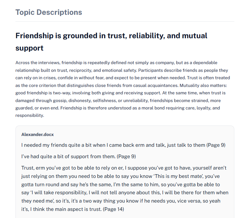 Exported Topic Analysis PDF showing a topic description and its supporting source quotation.