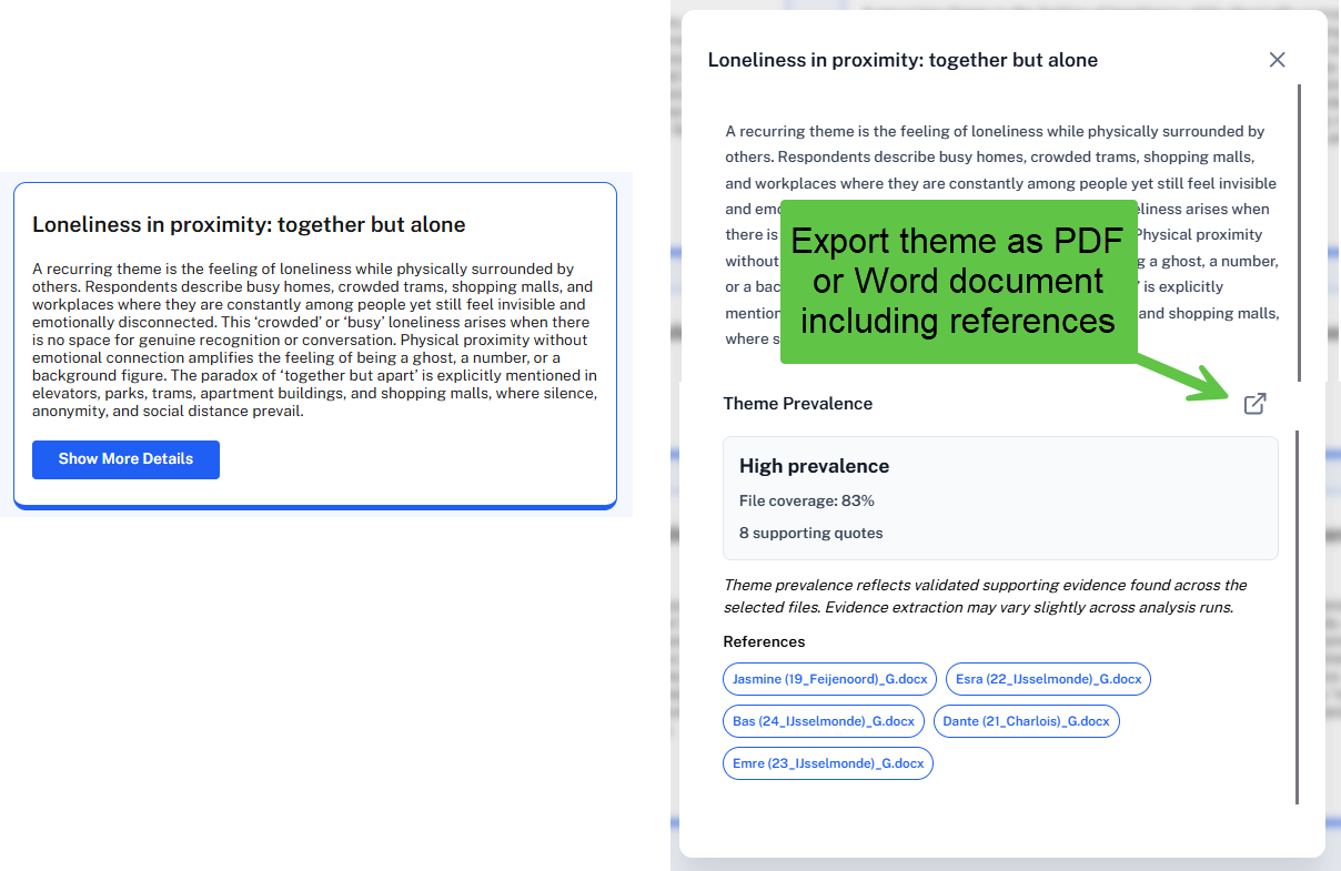 Topic detail view with its description, prevalence, references, and export menu.