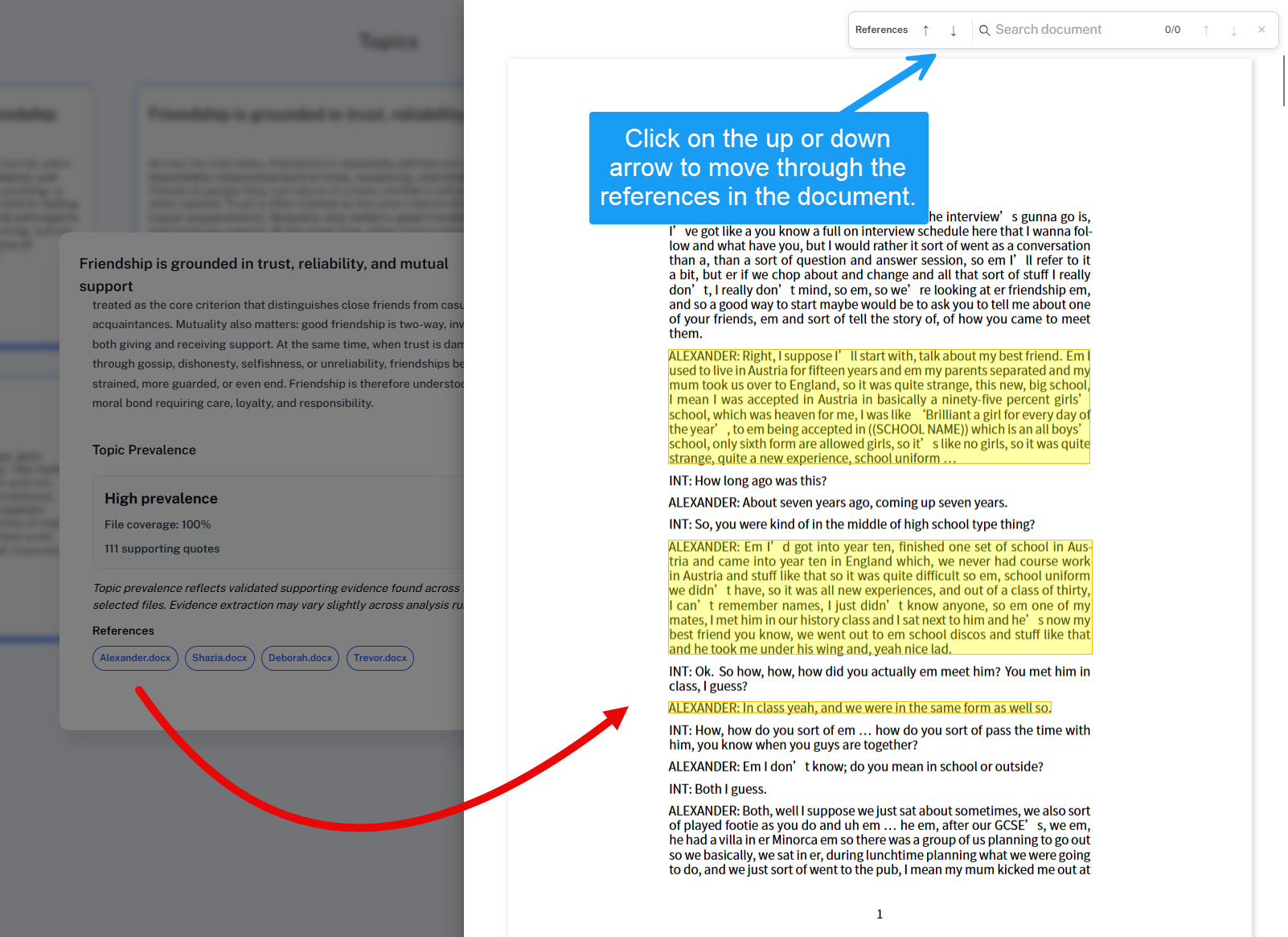 Source document preview with the cited passage highlighted and controls to move between references.
