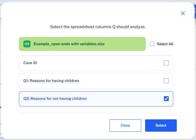 Sentiment Analysis setup for selecting the spreadsheet text column to analyze.