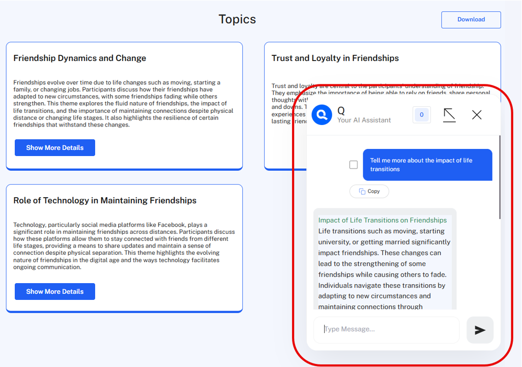 Topic Analysis follow-up chat displayed beside the topic results.