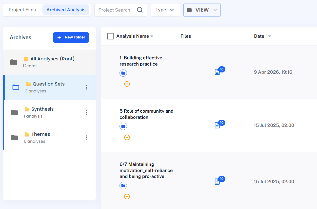 QInsights Analysis Archive with folders for question sets, synthesis, and themes