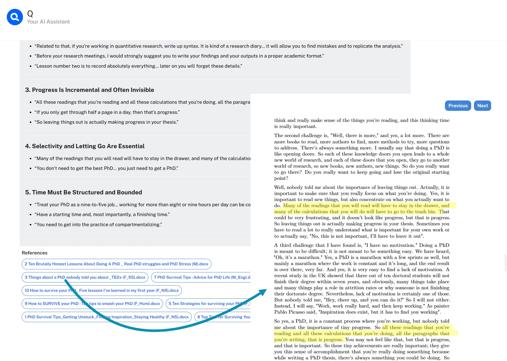 QInsights answer with reference links opening the relevant passage in the source document