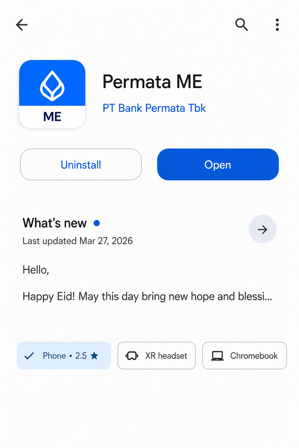 Google Play Store listing for Permata ME showing a 2.5-star phone rating.